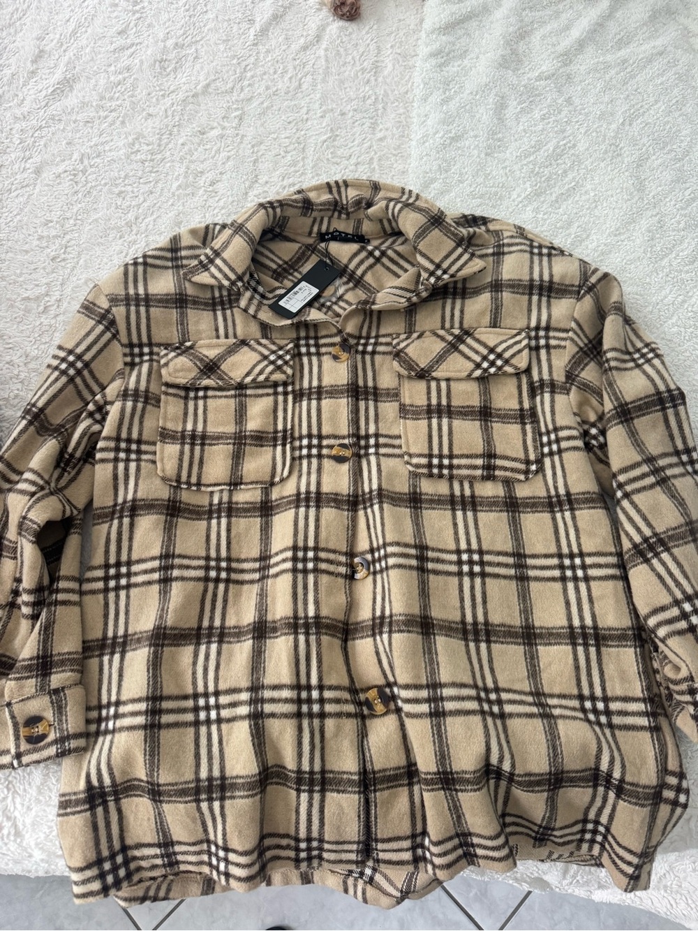Motel Rocks Beige Plaid Teddy Shacket Jacket